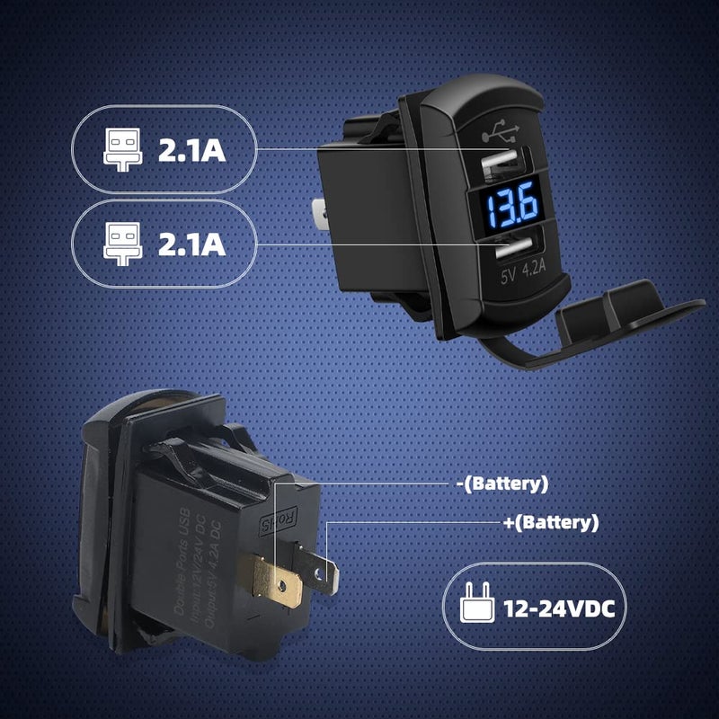 cnaodun 4.2A USB Rocker Switch Dual USB Charger Socket with Waterproof Cover Blue Led Voltmeter for Rocker Type Marine Switch Panel On Marine Rv Vehicles… - Image 3